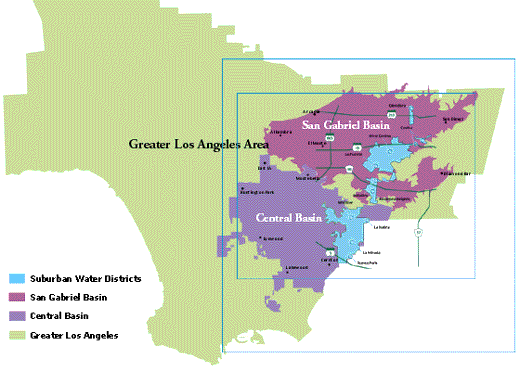 Map of San Gabriel Basin and Central Basin including Greater Los Angeles Area