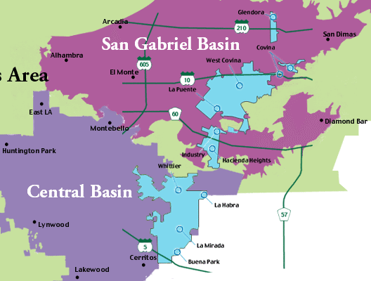 Zoomed in map of San Gabriel Basin and Central Basin