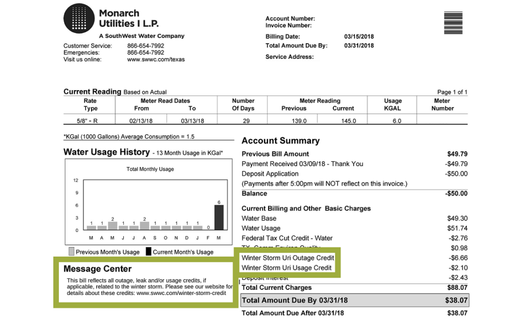 Winter storm credit bill example